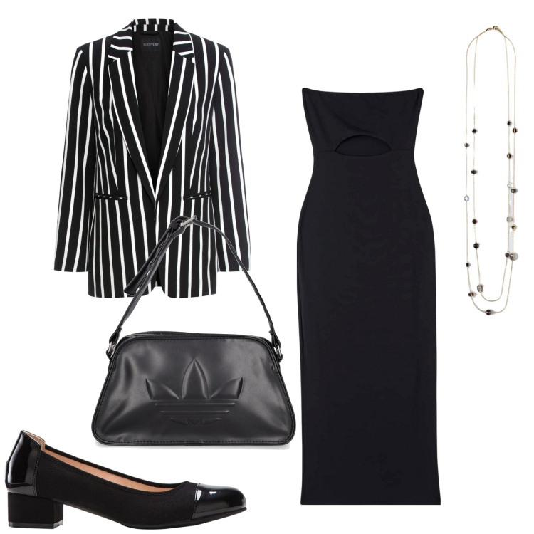 Outfit donna - Oggi righe. Stile Urban per Ufficio. Abbinamento con blazer, décolleté, vestiti lunghi, collane, borse a tracolla.