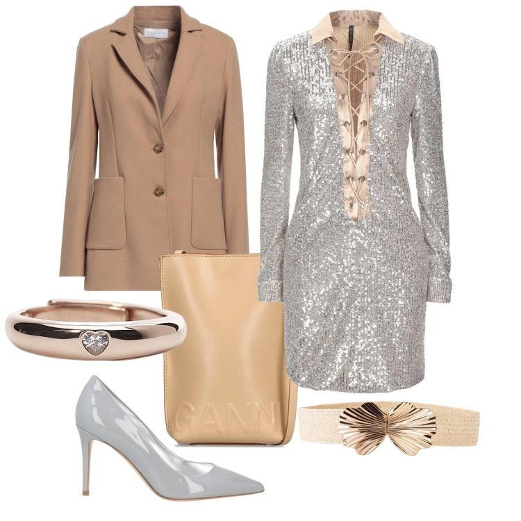 Outfit donna - Cerimonia oro e argento. Stile Chic per Cerimonia. Abbinamento con cinture, vestiti corti, blazer, décolleté, anelli, borse a spalla.