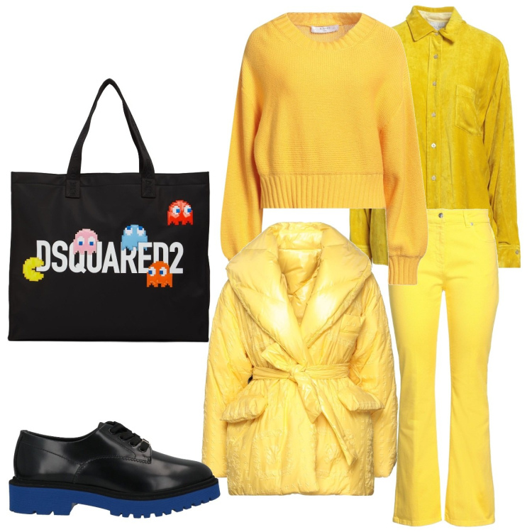 Outfit donna - Giallomania. Stile Casual chic per Tutti i giorni. Abbinamento con scarpe stringate, camicie, piumini, pullovers, pantaloni, shopping bag.