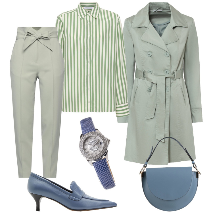 Outfit donna - Primavera in ufficio. Stile Casual chic per Ufficio. Abbinamento con trench, pantaloni, mocassini, borse a mano, orologi, vestiti.