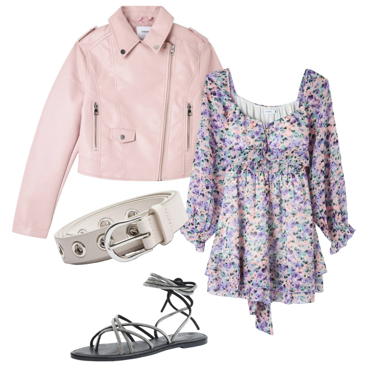 Outfit donna - Leggerezza. Stile Romantica per Tutti i giorni. Abbinamento con vestiti corti, sandali alla schiava, giacche, cinture.