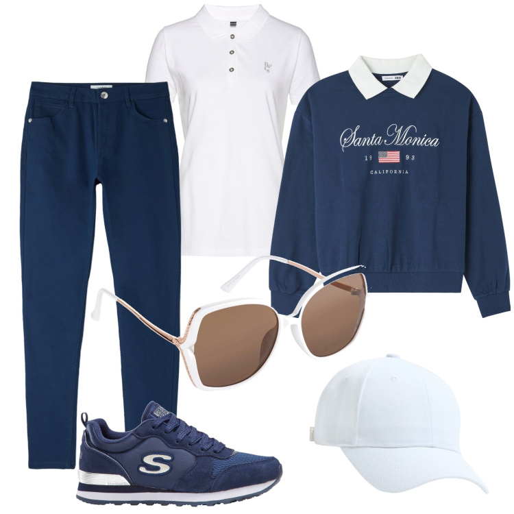 Outfit donna - Prima passeggiata al mare. Stile Casual per Tutti i giorni. Abbinamento con polo, sneakers, occhiali da sole, cappelli, pantaloni, felpe.