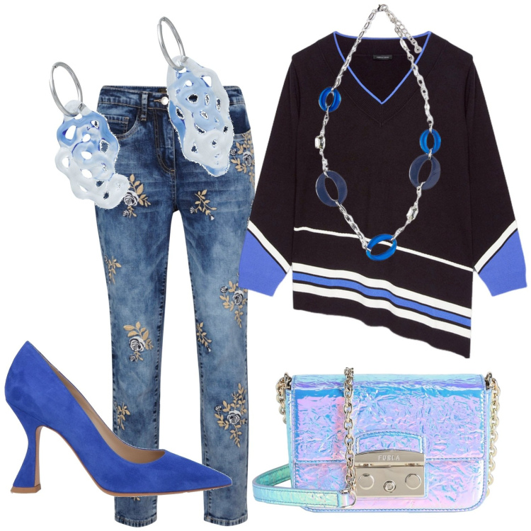 Outfit donna - Tocco bluette. Stile Casual per Tutti i giorni. Abbinamento con jeans, décolleté, orecchini, borse a tracolla, maglieria, ciondoli.