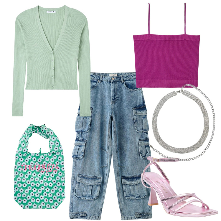 Outfit donna - Contrasti di stili. Stile Casual chic per Tutti i giorni. Abbinamento con cinture, jeans, shopping bag, cardigans, sandali col tacco, canottiere.
