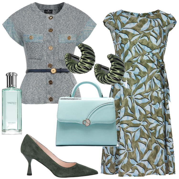 Outfit donna - Primavera. Stile Casual chic per Tutti i giorni. Abbinamento con cardigans, décolleté, profumi, vestiti midi/longuette, borse a mano, orecchini.