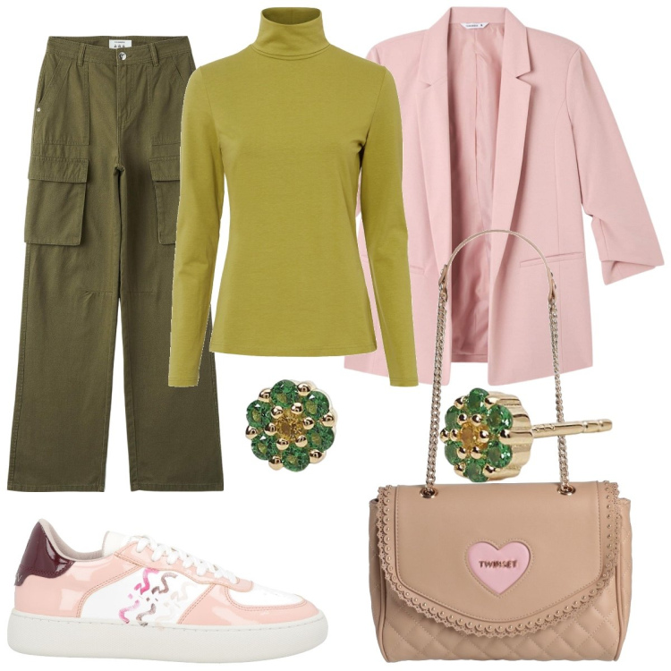 Outfit donna - Glam in city. Stile Glamour per Serata fuori. Abbinamento con maglieria, sneakers, borse a spalla, orecchini, blazer, pantaloni cargo.