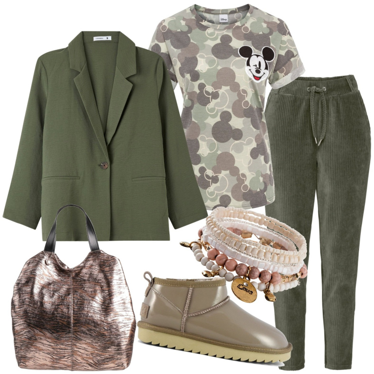 Outfit donna - Sportiva casual. Stile Casual per Tutti i giorni. Abbinamento con pantaloni, braccialetti, maglieria, borse a mano, blazer, stivali.