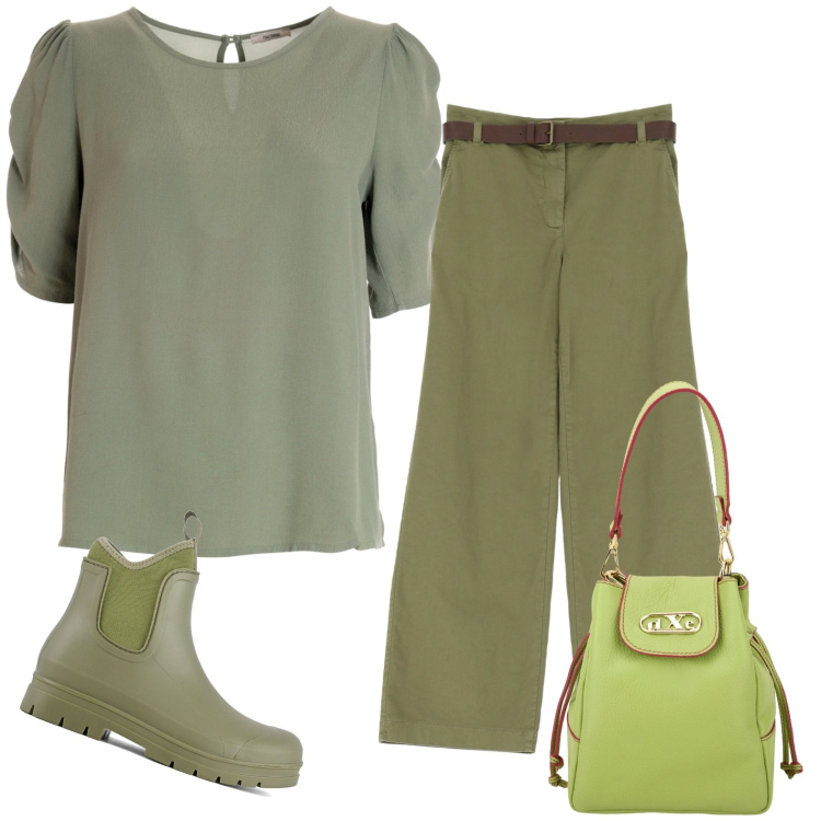 Outfit donna - Green shades. Stile Casual per Scuola/Università. Abbinamento con bluse, pantaloni, borse a secchiello, stivali.
