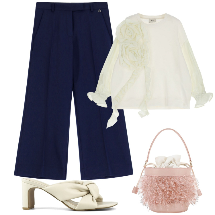 Outfit donna - Divieto ss24. Stile Chic per Cerimonia. Abbinamento con felpe, pantaloni, borse a secchiello, sandali col tacco.