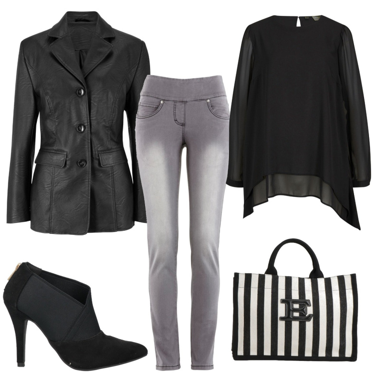 Outfit donna - Giacca di pelle. Stile Mannish per Serata fuori. Abbinamento con blazer, jeans slim fit, tuniche, borse a mano, stivaletti.