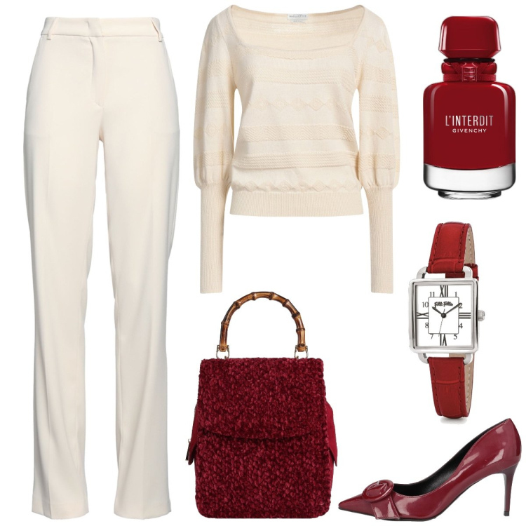 Outfit donna - Dettagli in rosso. Stile Chic per Tutti i giorni. Abbinamento con pullovers, pantaloni, borse a mano, décolleté, orologi, profumi.