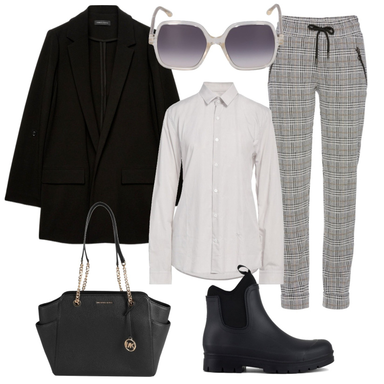 Outfit donna - Casual con stile. Stile Casual chic per Serata fuori. Abbinamento con pantaloni, borse a spalla, camicie, stivali, occhiali da sole, blazer.