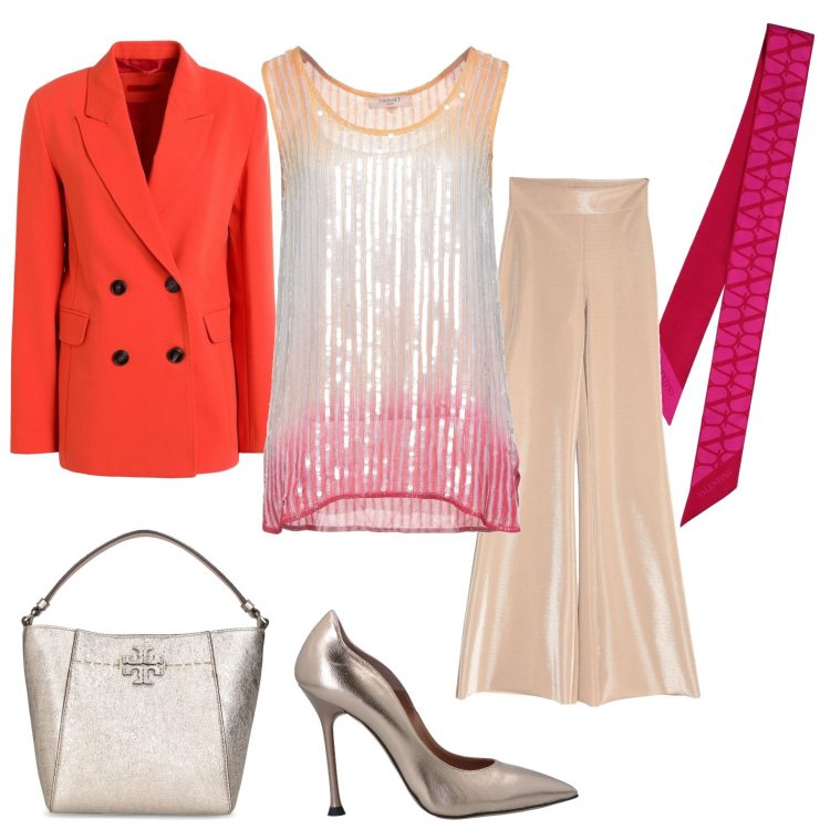 Outfit donna - E\' Primavera. Stile Casual chic per Cerimonia. Abbinamento con top, blazer, décolleté, pantaloni, foulard, borse a mano.