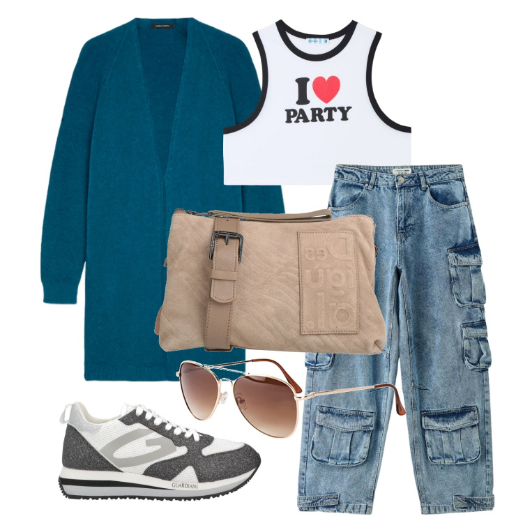 Outfit donna - Ghost outfitter - marzo. Stile Casual per Tutti i giorni. Abbinamento con occhiali da sole, borse a tracolla, sneakers, canottiere, jeans, cardigans.