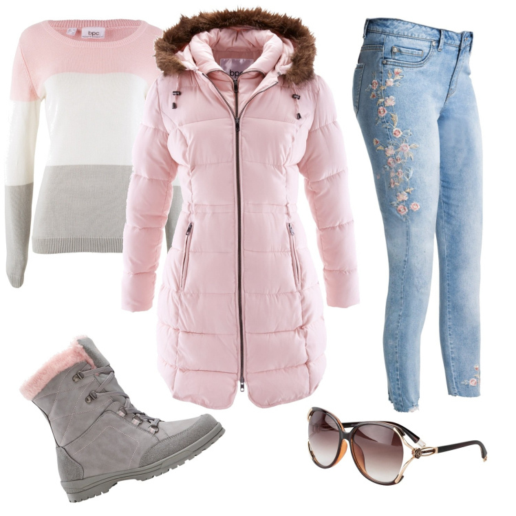 Outfit donna - Inverno soft. Stile Casual per Tutti i giorni. Abbinamento con giacche, jeans, maglieria, occhiali da sole, stivali.