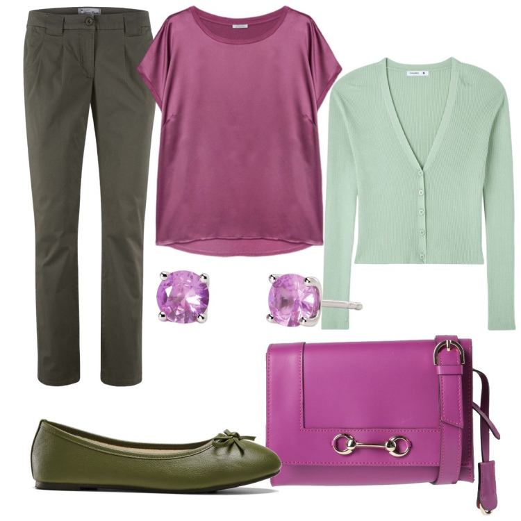 Outfit donna - Colori primaverili basic. Stile Casual per Tutti i giorni. Abbinamento con pantaloni chino, ballerine, borse a tracolla, cardigans, orecchini, bluse.