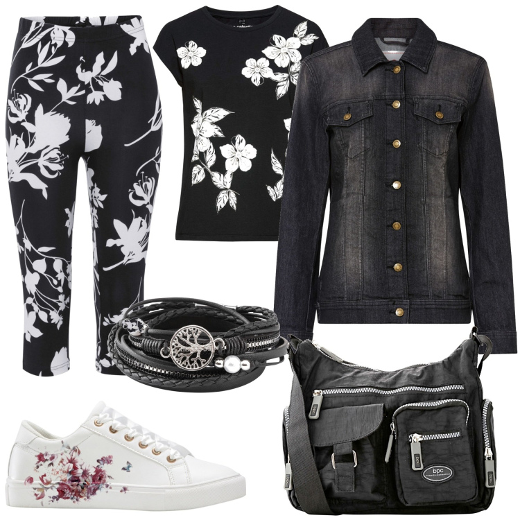 Outfit donna - Fiori a primavera. Stile Bon Ton per Tutti i giorni. Abbinamento con braccialetti, maglieria, sneakers, blazer, pantaloni, borse a tracolla.