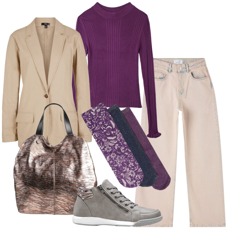 Outfit donna - Fine inverno. Stile Basic per Tutti i giorni. Abbinamento con sneakers alte, blazer, borse a mano, maglieria, jeans, top.
