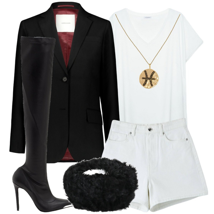 Outfit donna - Euforia, sono pazza di me. Abbinamento con stivali sopra il ginocchio, ciondoli, borse a mano, shorts, blazer, t-shirt.