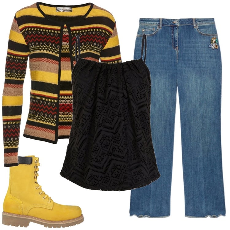 Outfit donna - Total look #1825962. Abbinamento con top, cardigans, stivaletti, jeans dritti.