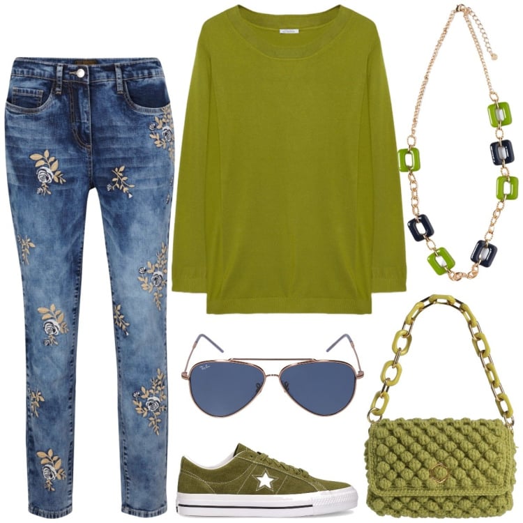 Outfit donna - Casual green. Stile Casual per Tutti i giorni. Abbinamento con jeans, borse a mano, maglieria, sneakers, ciondoli, occhiali da sole.
