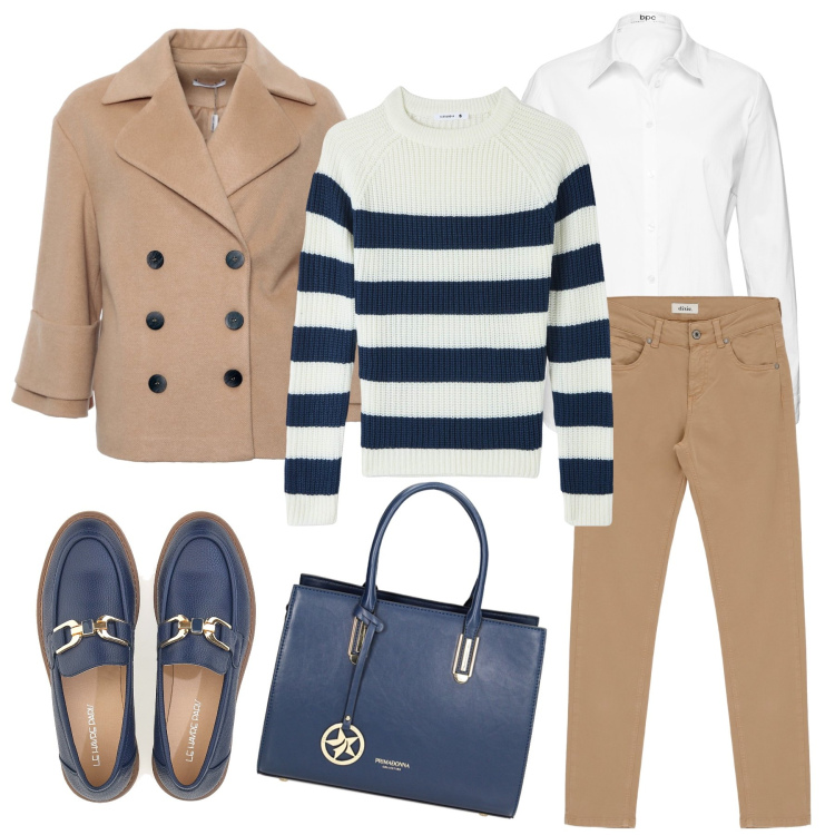 Outfit donna - Stile Navy intramontabile. Stile Romantica per Tutti i giorni. Abbinamento con camicie, maglieria, cappotti, borse a mano, pantaloni, mocassini.