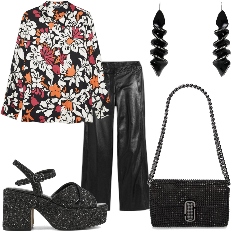 Outfit donna - Serata scintillante. Stile Glamour per Serata fuori. Abbinamento con pantaloni, orecchini, sandali, camicie, borse a spalla.