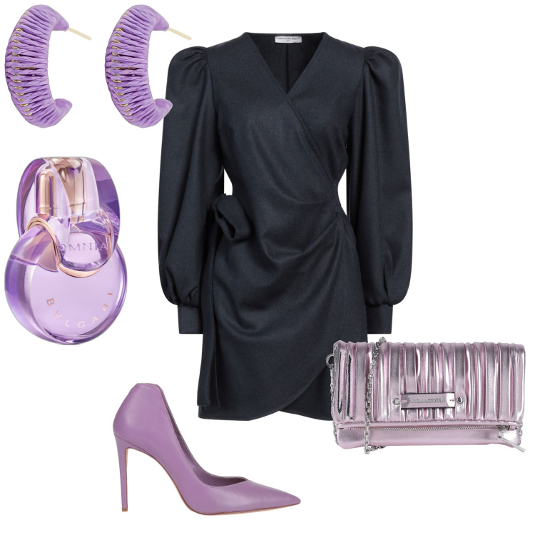 Outfit donna - Evento. Stile Chic per Serata fuori. Abbinamento con vestiti corti, décolleté, borse a mano, orecchini, profumi.