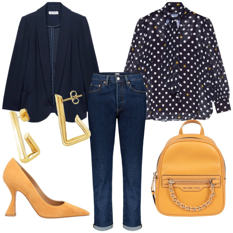 Outfit donna - Total look #1826000. Stile Casual per Ufficio. Abbinamento con zaini, décolleté, orecchini, jeans, bluse, blazer.