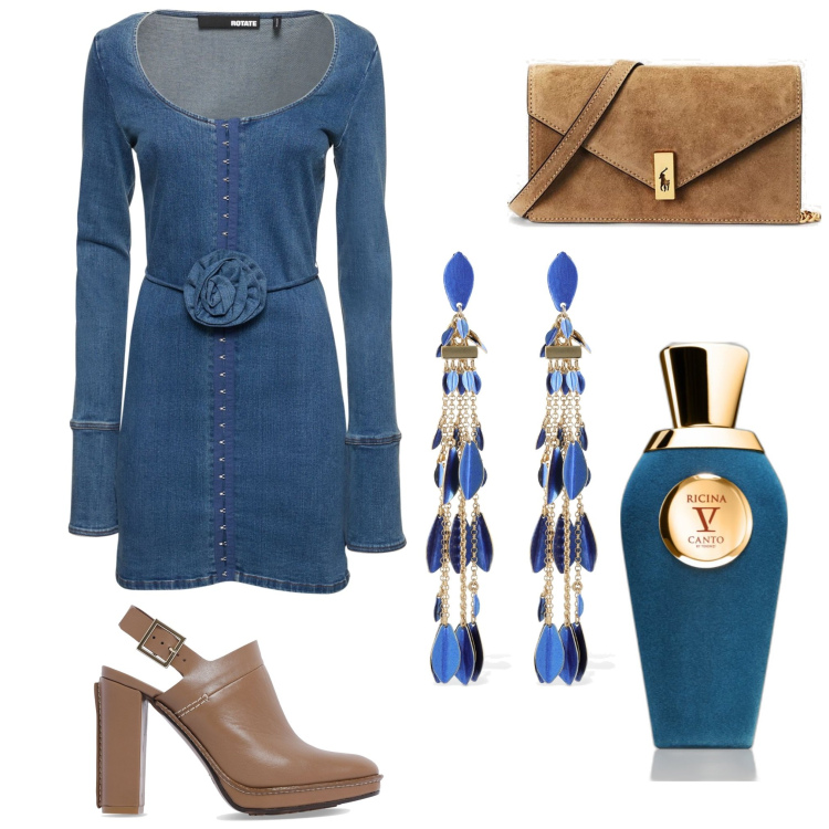 Outfit donna - Denim. Stile Casual chic per Serata fuori. Abbinamento con profumi, clutch, vestiti, orecchini, zoccoli.