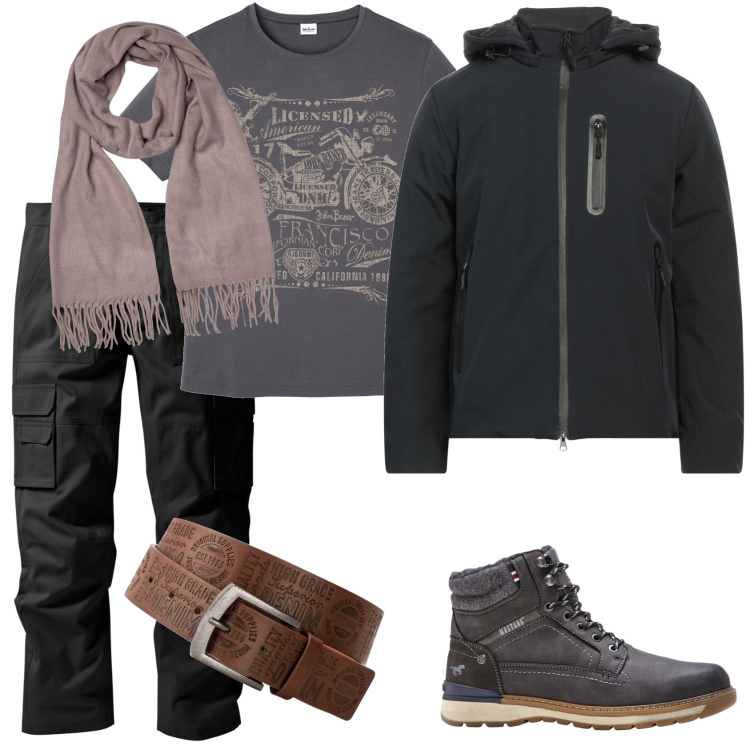 Outfit uomo - Pashmina passpartout. Stile Casual per Tutti i giorni. Abbinamento con t-shirt, cinture, pantaloni cargo, stivali e stivaletti, cappotti, sciarpe.