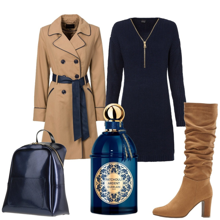 Outfit donna - Total look #1826038. Stile Casual per Ufficio. Abbinamento con trench, vestiti, stivali, zaini, profumi.