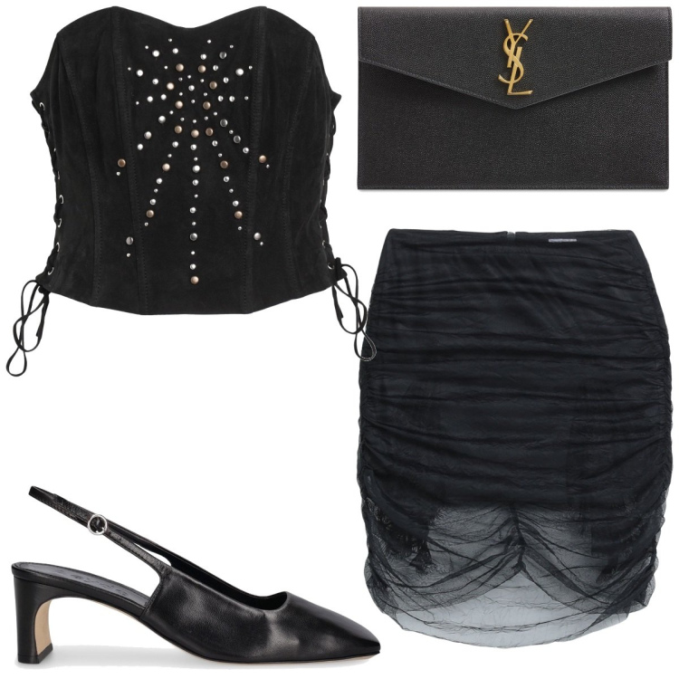 Outfit donna - Total look #1826091. Stile Glamour per Serata fuori. Abbinamento con top, minigonne, pochette, scarpe col tacco.