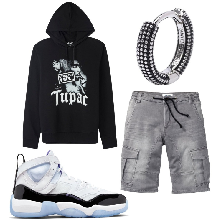 Outfit uomo - Total look #1826107. Stile Urban per Tutti i giorni. Abbinamento con bermuda, felpe con cappuccio, orecchini, sneakers.