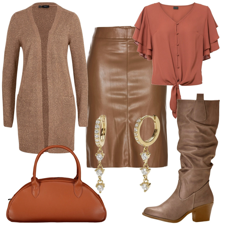 Outfit donna - In città. Stile Glamour per Tutti i giorni. Abbinamento con gonne longuette, stivali, camicie, cardigans, orecchini, borse a spalla.