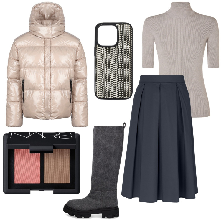 Outfit donna - Gli ultimi freddi. Stile Casual chic per Tutti i giorni. Abbinamento con terre, blazer, top, gonne longuette, cover telefono, stivali.