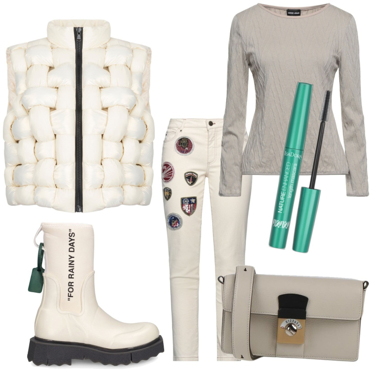 Outfit donna - Total look #1826123. Stile Basic per Tutti i giorni. Abbinamento con jeans slim fit, borse a tracolla, pullovers, mascara, piumini, stivali di gomma.