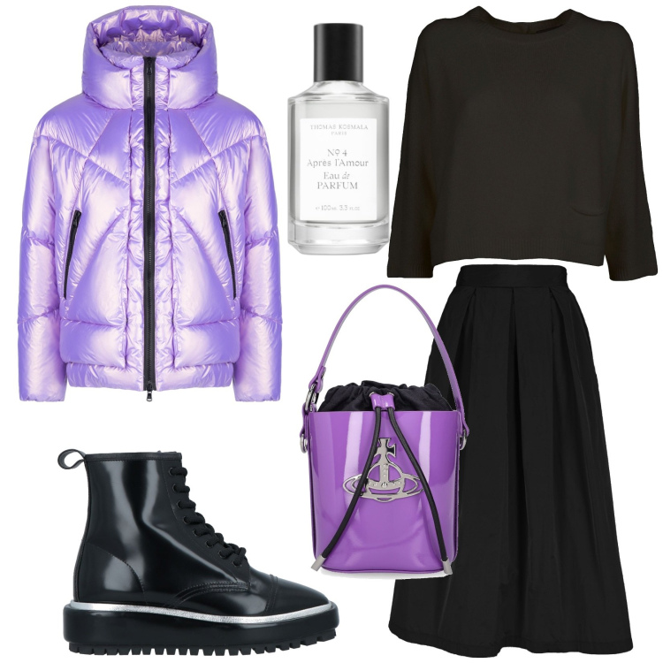 Outfit donna - Total look #1826127. Stile Trendy per Tutti i giorni. Abbinamento con anfibi, profumi, blazer, maglieria, gonne, borse a mano.
