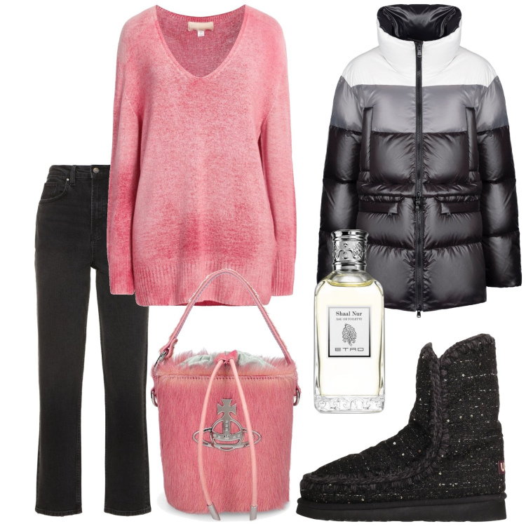 Outfit donna - Passeggiando in paese. Stile Casual chic per Tutti i giorni. Abbinamento con stivaletti, pullovers, profumi, piumini, jeans dritti, borse a mano.