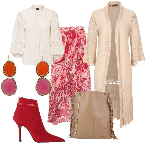 Outfit donna - Total look #1826151. Stile Boho Abbinamento con camicie, cardigans, gonne longuette, orecchini, stivaletti, borse a tracolla.