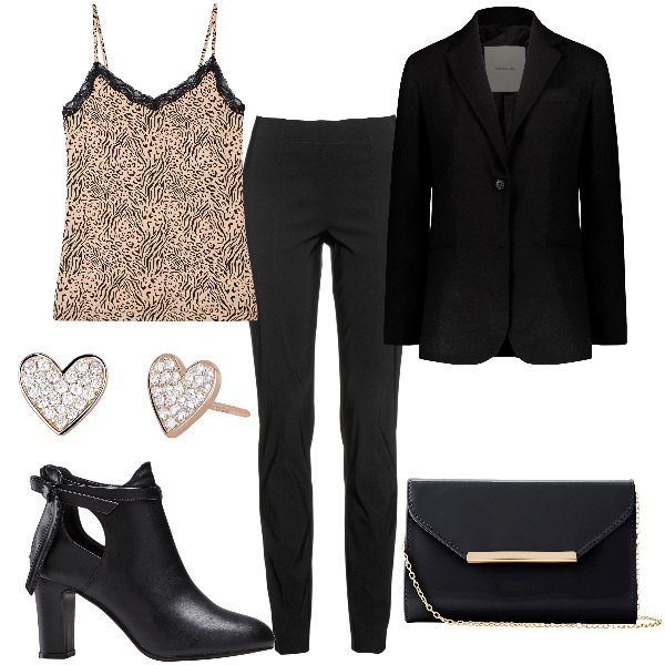 Outfit donna - Total look #1826154. Stile Sexy per Serata fuori. Abbinamento con pantaloni, stivaletti, pochette, canottiere, orecchini, blazer.