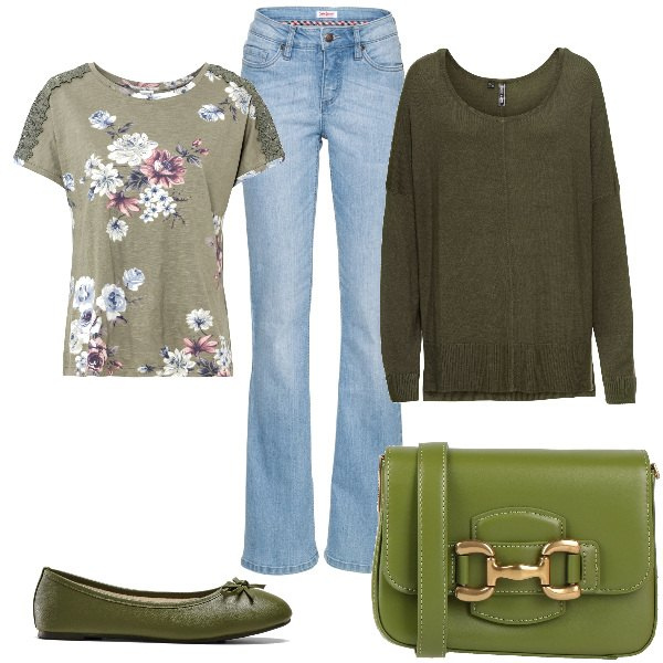 Outfit donna - Total look #1826155. Stile Basic Abbinamento con jeans bootcut, maglieria, ballerine, maglieria, borse a tracolla.