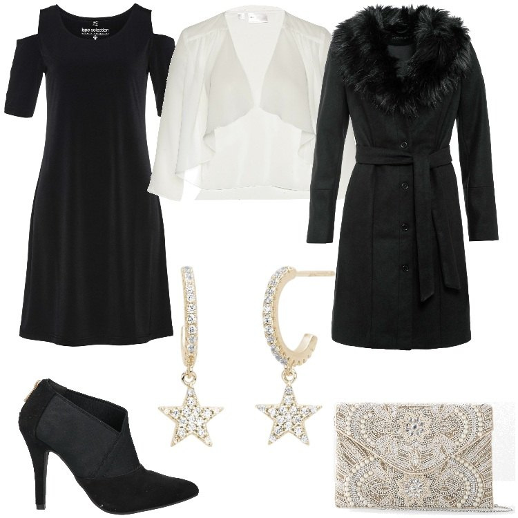 Outfit donna - Cerimonia serale. Stile Chic per Cerimonia. Abbinamento con blazer, pochette, cappotti, vestiti, stivaletti, orecchini.