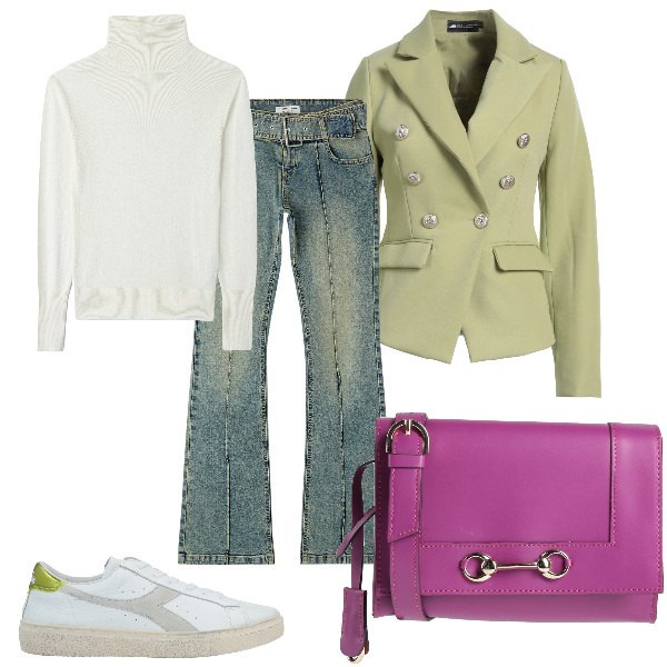 Outfit donna - Total look #1826164. Stile Casual chic Abbinamento con blazer, sneakers, borse a tracolla, jeans a zampa, maglieria.