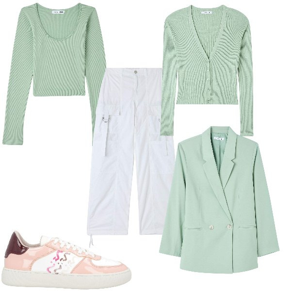 Outfit donna - Total look #1826168. Stile Casual Abbinamento con sneakers, pantaloni cargo, cardigans, blazer, maglieria.