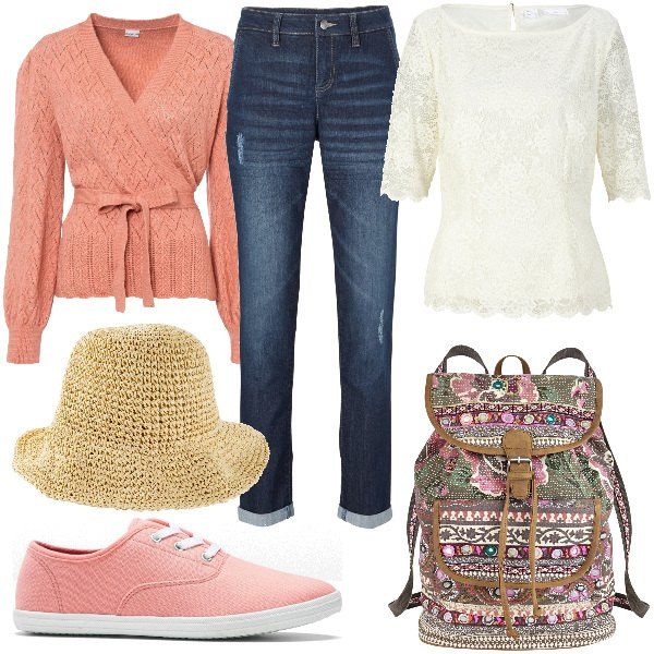 Outfit donna - Total look #1826171. Stile Romantica Abbinamento con jeans boyfriend, cappelli, bluse, maglieria, zaini, sneakers.