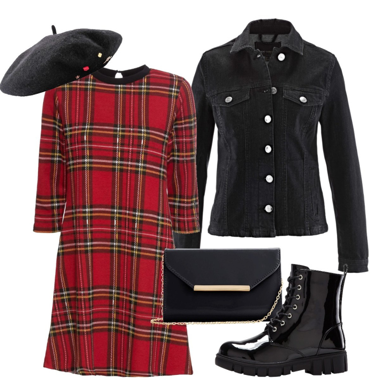 Outfit donna - Tartan anche per la primavera. Stile Trendy per Tutti i giorni. Abbinamento con vestiti corti, cappelli e berretti, stivaletti, blazer, pochette.