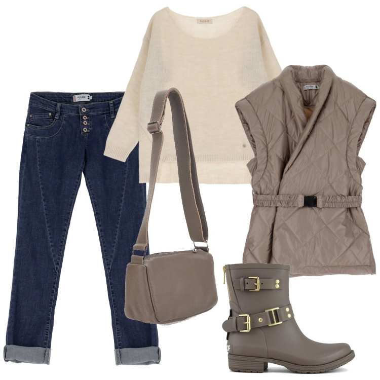 Outfit donna - Mid season in basic. Stile Basic per Tutti i giorni. Abbinamento con piumini, maglieria, jeans slim fit, stivali, borse a tracolla.