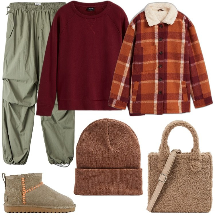 Outfit donna - Borsa teddy con giacca a quadri. Stile Urban per Tutti i giorni. Abbinamento con felpe, blazer, pantaloni, berretti, shopping bag, stivali sopra il ginocchio.