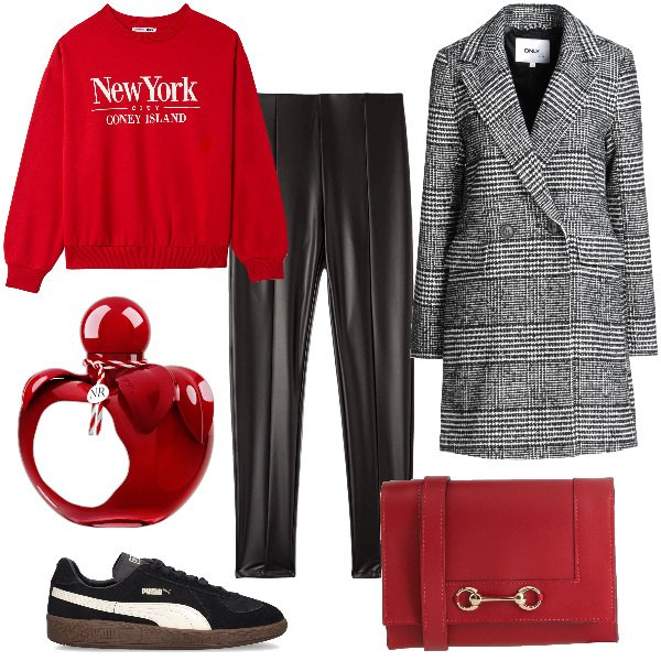 Outfit donna - Total look #1826239. Stile Sporty chic Abbinamento con cappotti, borse a tracolla, profumi, felpe, leggings, sneakers.